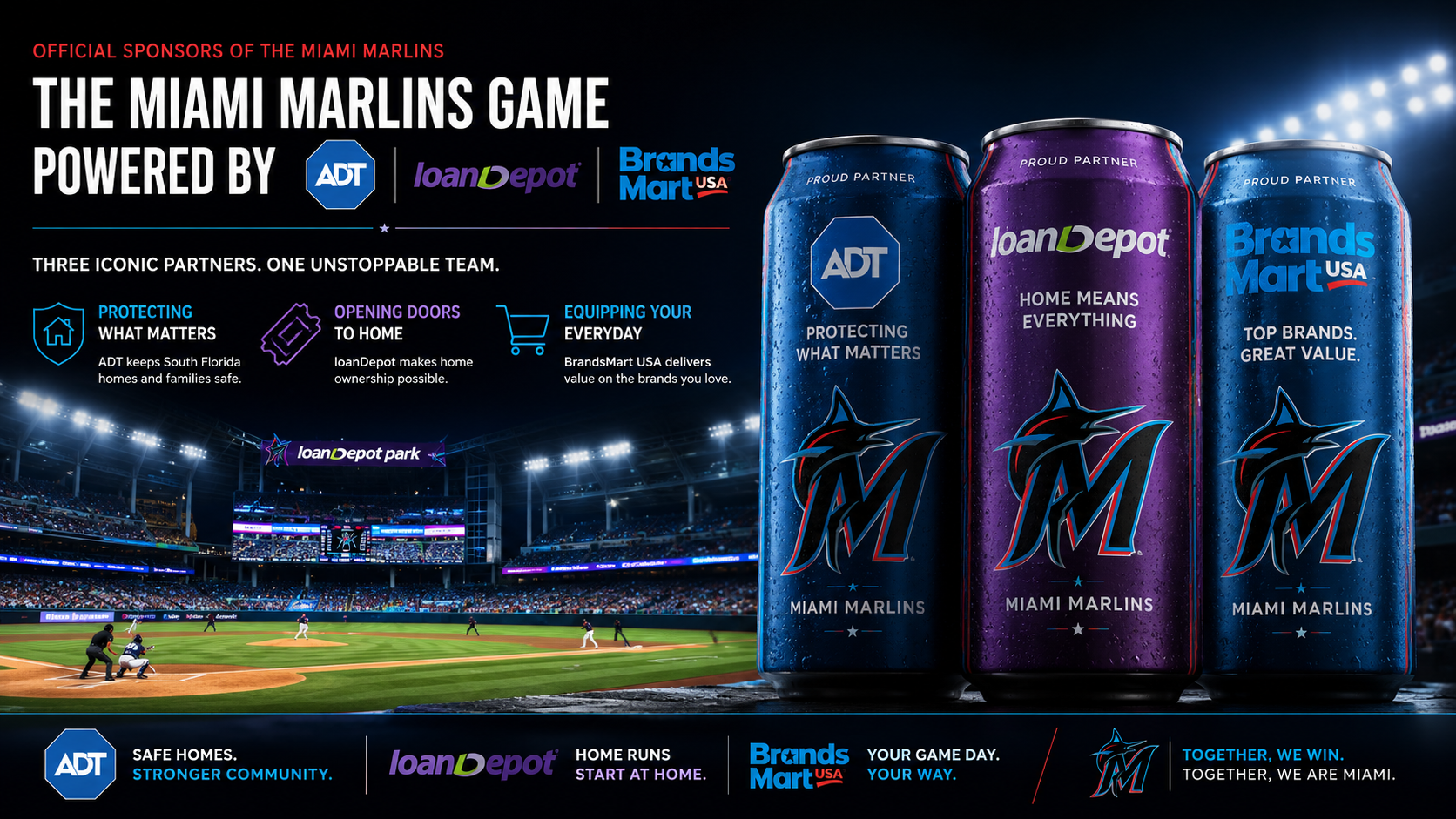 Official Marlins sponsor can series featuring ADT, loanDepot and BrandsMart USA